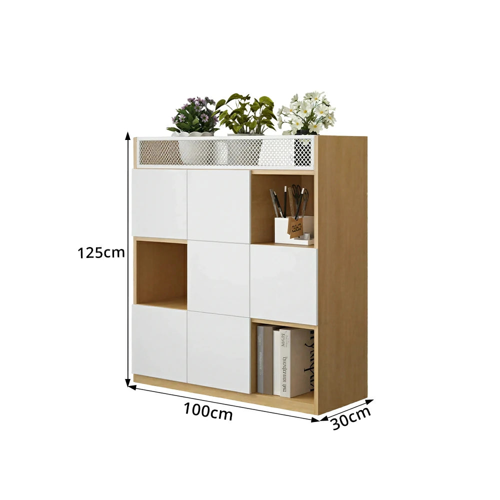 LIVARA 3 Tier Office Storage Cabinet - Planter Top Display Shelf with Doors - White Oak