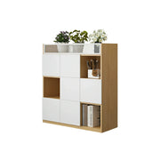 LIVARA 3 Tier Office Storage Cabinet - Planter Top Display Shelf with Doors - White Oak
