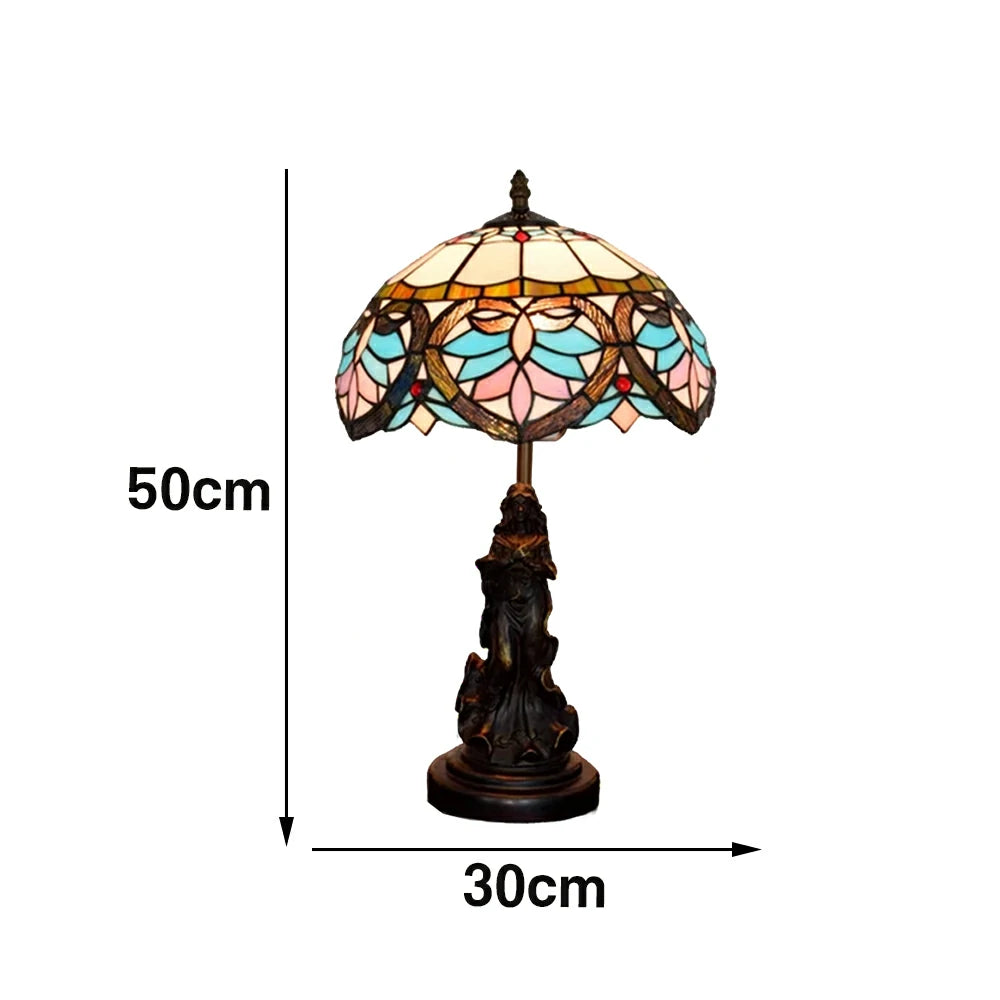 LIVARA European Vintage Blue Heart Style Stained Glass Table Lamp Sculpture Base Handcrafted Artistic Design Suitable for Bedroom Living Room Bedside