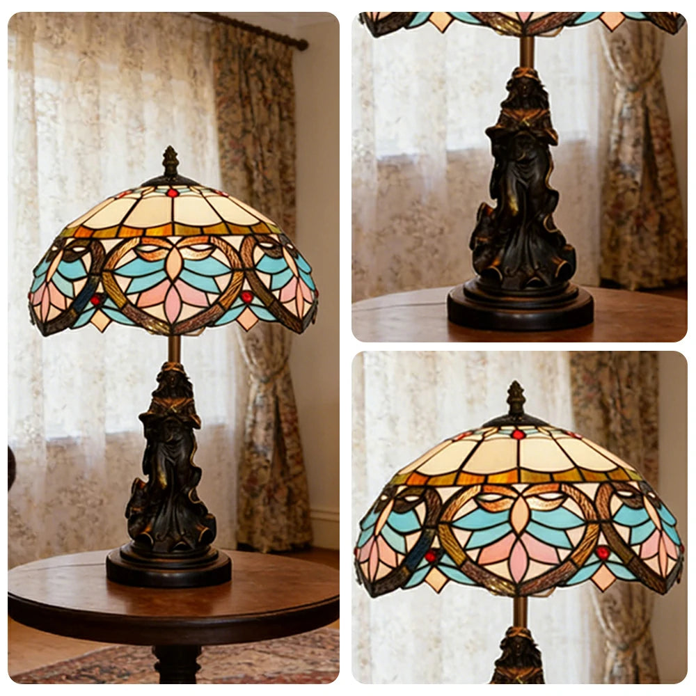 LIVARA European Vintage Blue Heart Style Stained Glass Table Lamp Sculpture Base Handcrafted Artistic Design Suitable for Bedroom Living Room Bedside