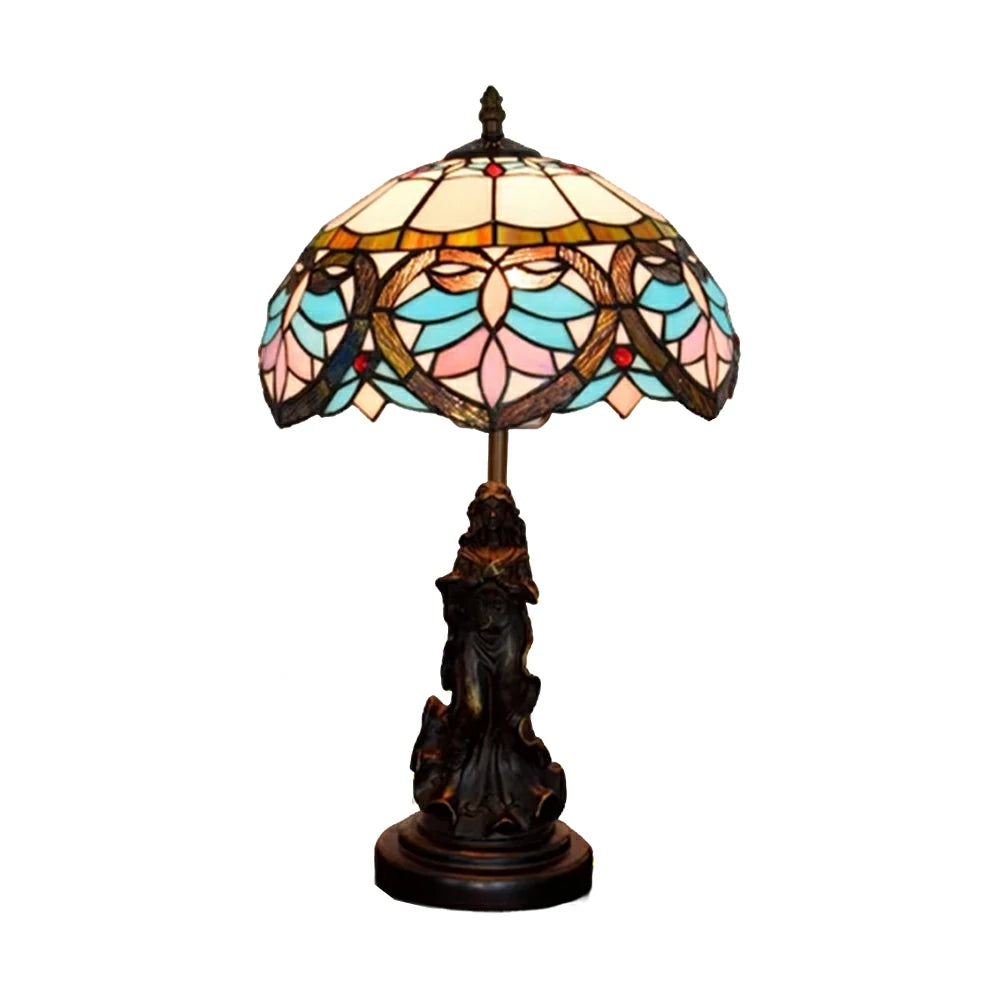 LIVARA European Vintage Blue Heart Style Stained Glass Table Lamp Sculpture Base Handcrafted Artistic Design Suitable for Bedroom Living Room Bedside