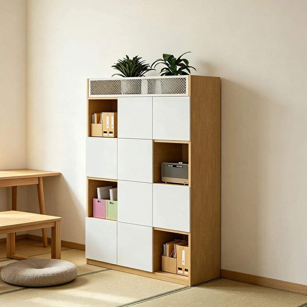 LIVARA 4 Tier Office Storage Cabinet - Planter Top Display Shelf with Doors - White Oak