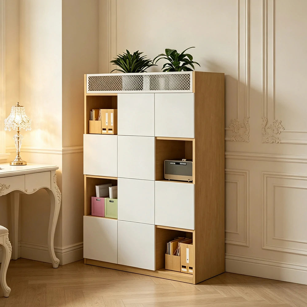 LIVARA 4 Tier Office Storage Cabinet - Planter Top Display Shelf with Doors - White Oak