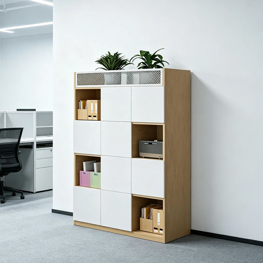 LIVARA 4 Tier Office Storage Cabinet - Planter Top Display Shelf with Doors - White Oak