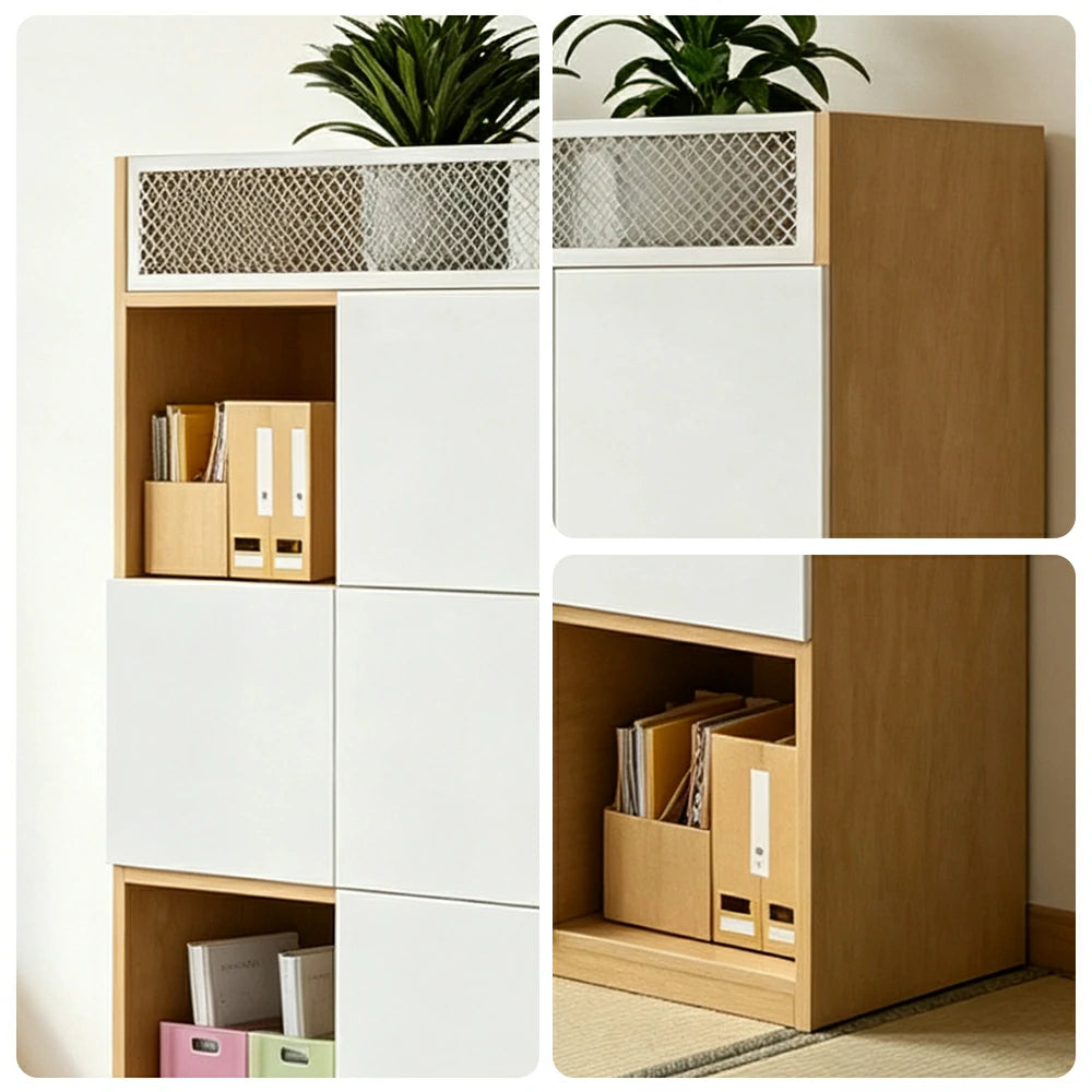 LIVARA 4 Tier Office Storage Cabinet - Planter Top Display Shelf with Doors - White Oak