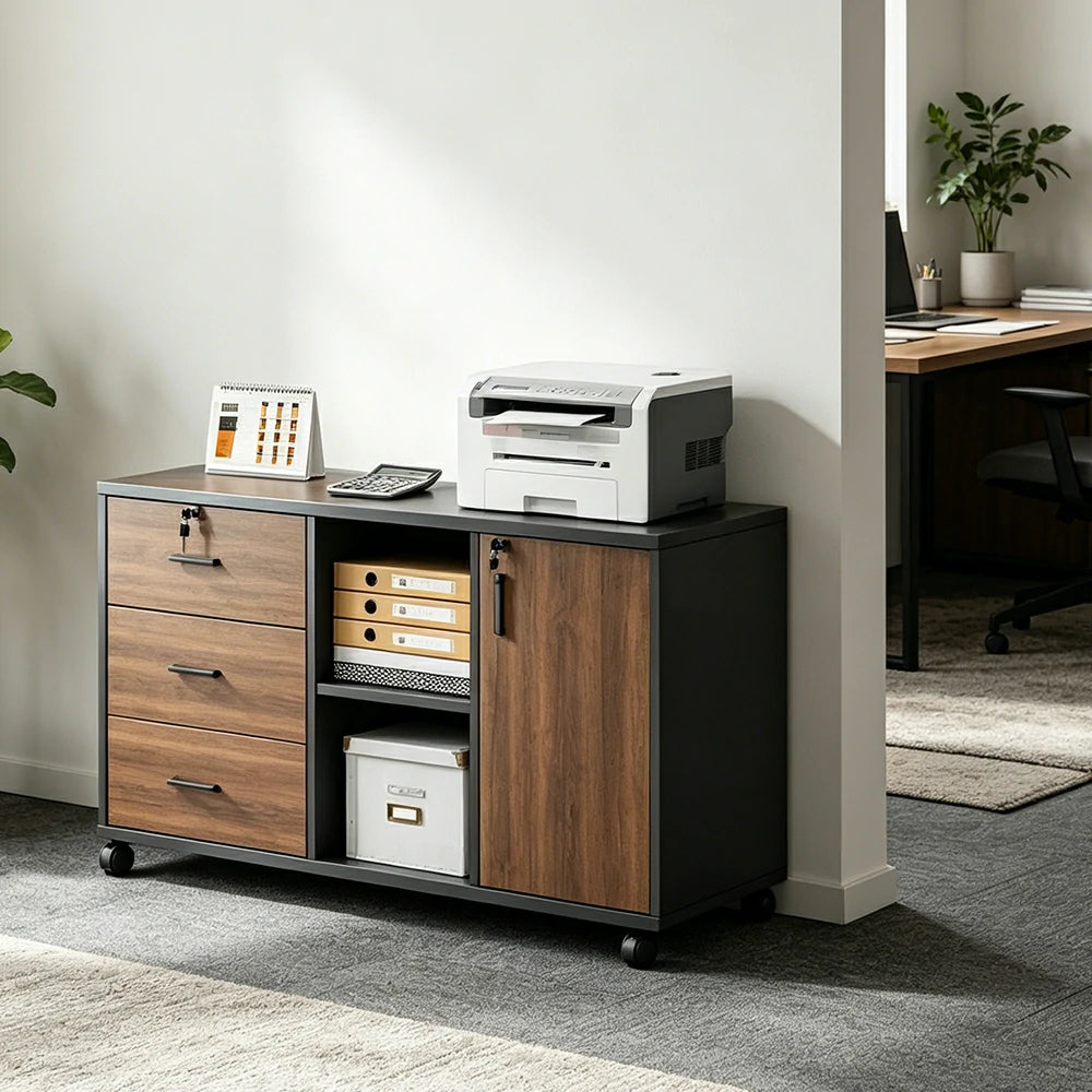 LIVARA Mobile Office Storage Cabinet - 3 Drawers 2 Shelves and Door Printer Stand - Walnut Black