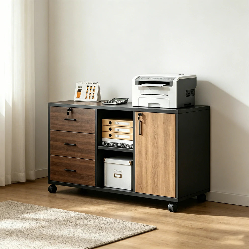 LIVARA Mobile Office Storage Cabinet - 3 Drawers 2 Shelves and Door Printer Stand - Walnut Black