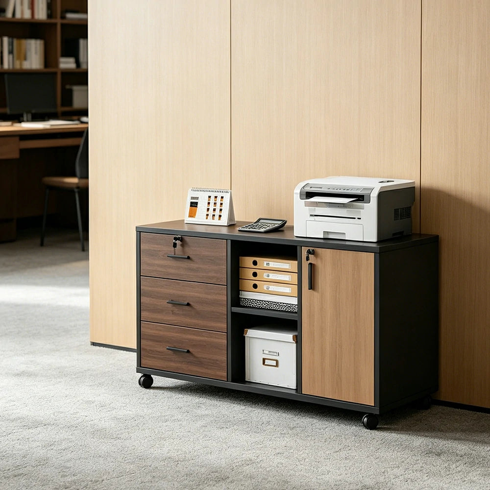 LIVARA Mobile Office Storage Cabinet - 3 Drawers 2 Shelves and Door Printer Stand - Walnut Black