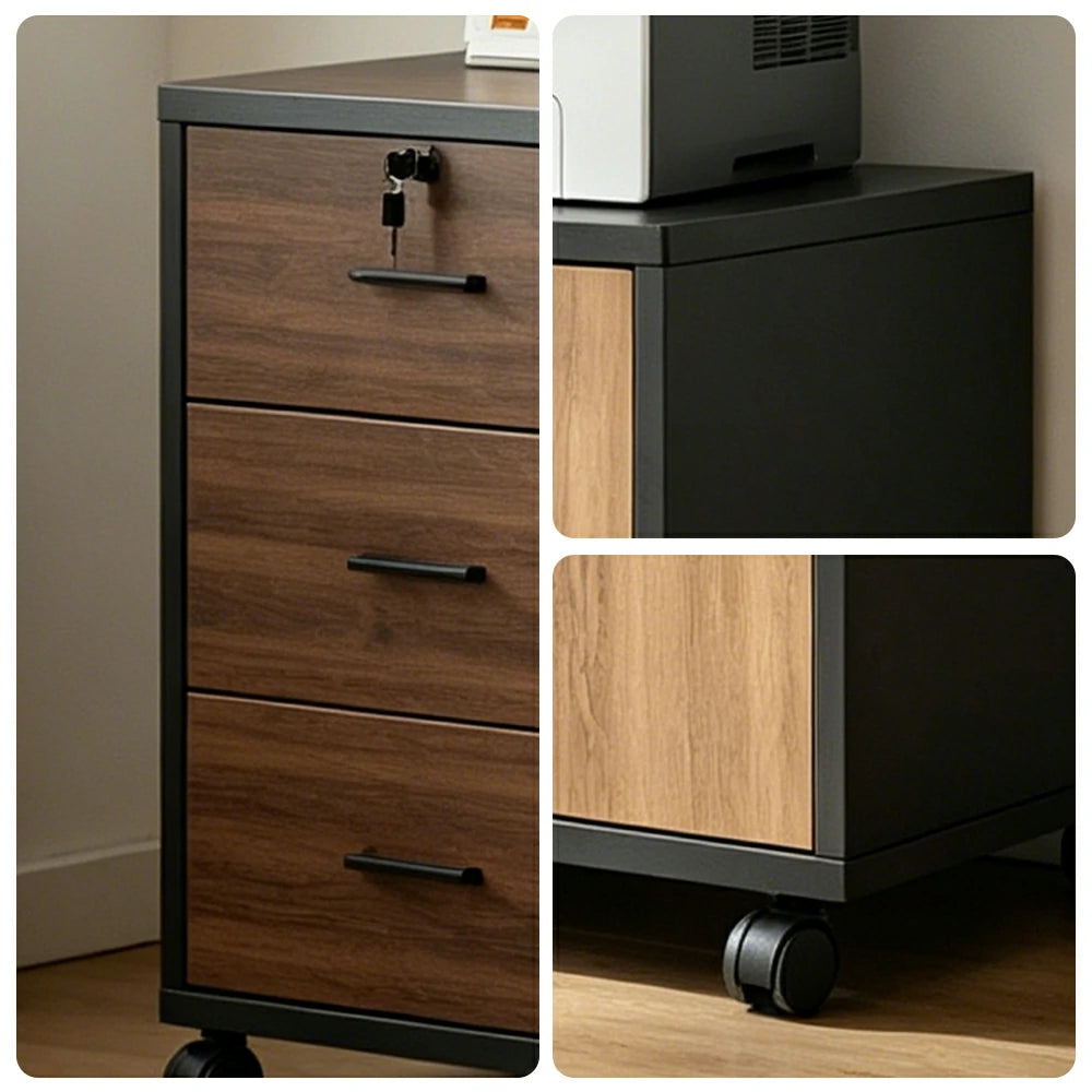 LIVARA Mobile Office Storage Cabinet - 3 Drawers 2 Shelves and Door Printer Stand - Walnut Black