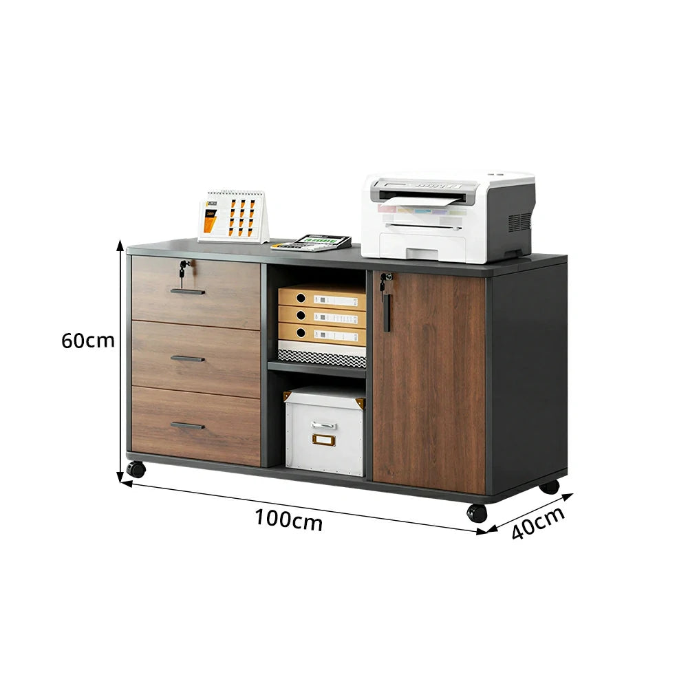 LIVARA Mobile Office Storage Cabinet - 3 Drawers 2 Shelves and Door Printer Stand - Walnut Black