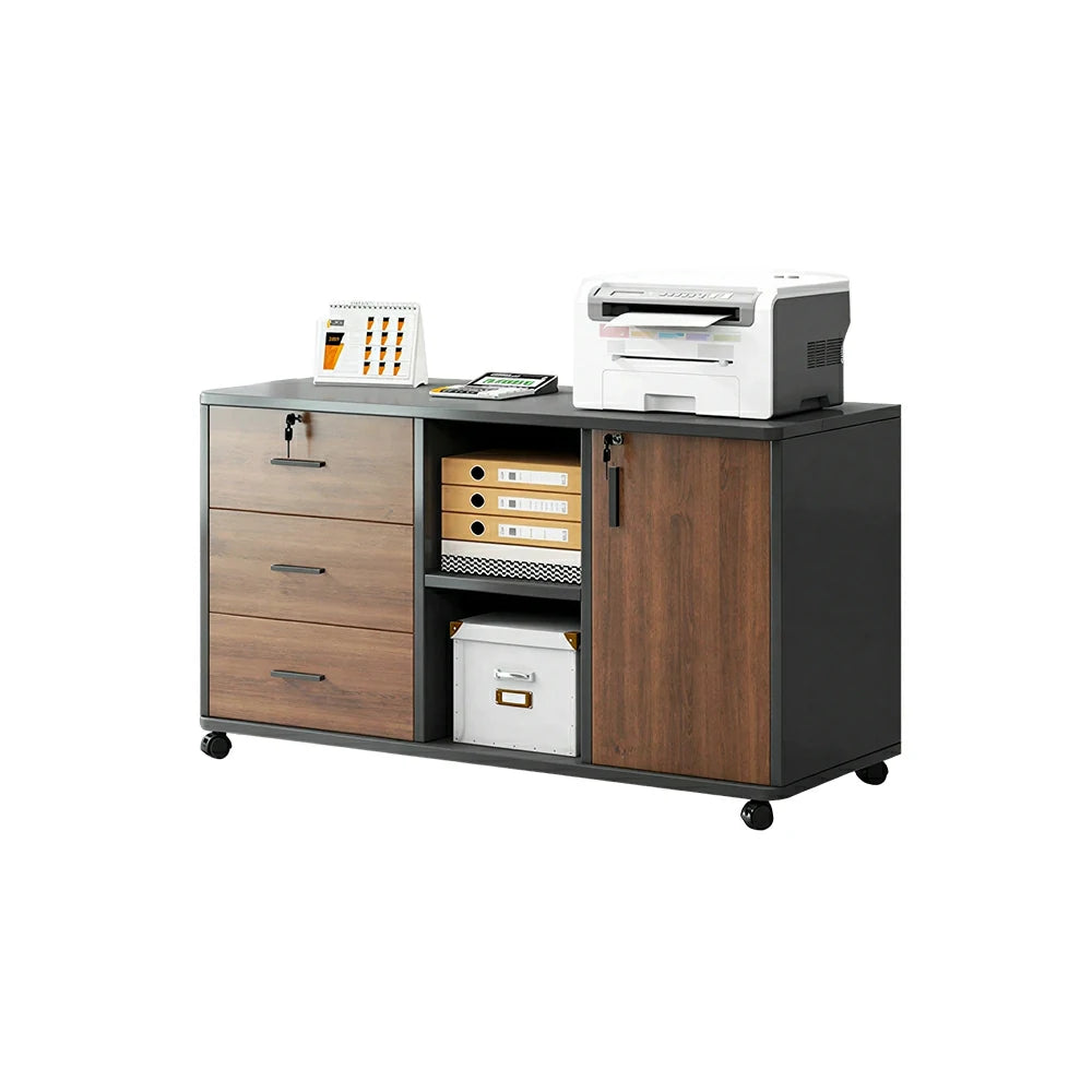 LIVARA Mobile Office Storage Cabinet - 3 Drawers 2 Shelves and Door Printer Stand - Walnut Black