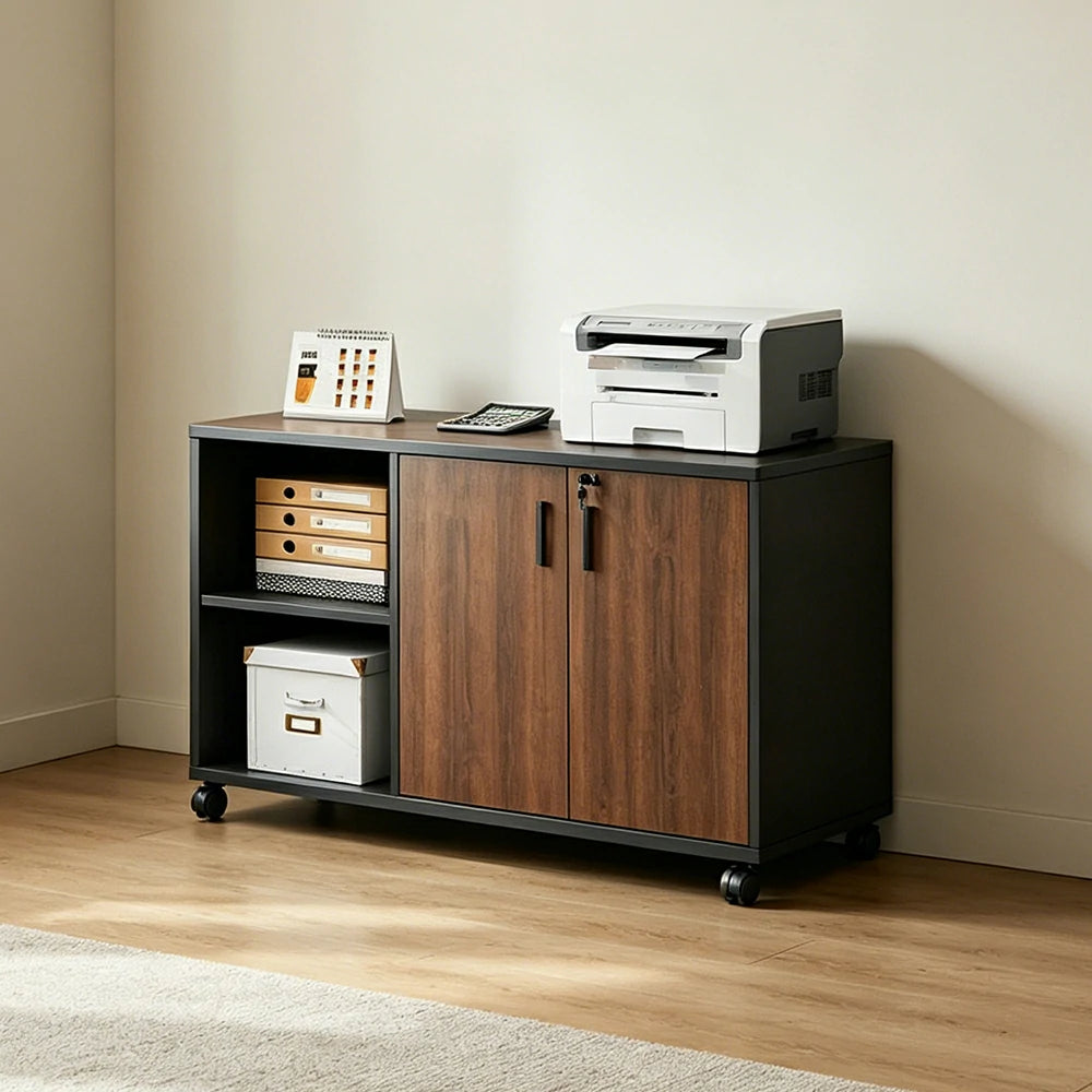 LIVARA Office Storage Cabinet - 2 Doors 2 Shelves Printer Stand for Home Office - Walnut Black