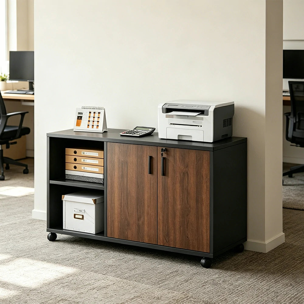 LIVARA Office Storage Cabinet - 2 Doors 2 Shelves Printer Stand for Home Office - Walnut Black