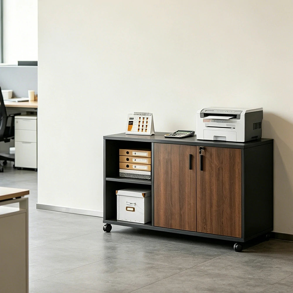 LIVARA Office Storage Cabinet - 2 Doors 2 Shelves Printer Stand for Home Office - Walnut Black