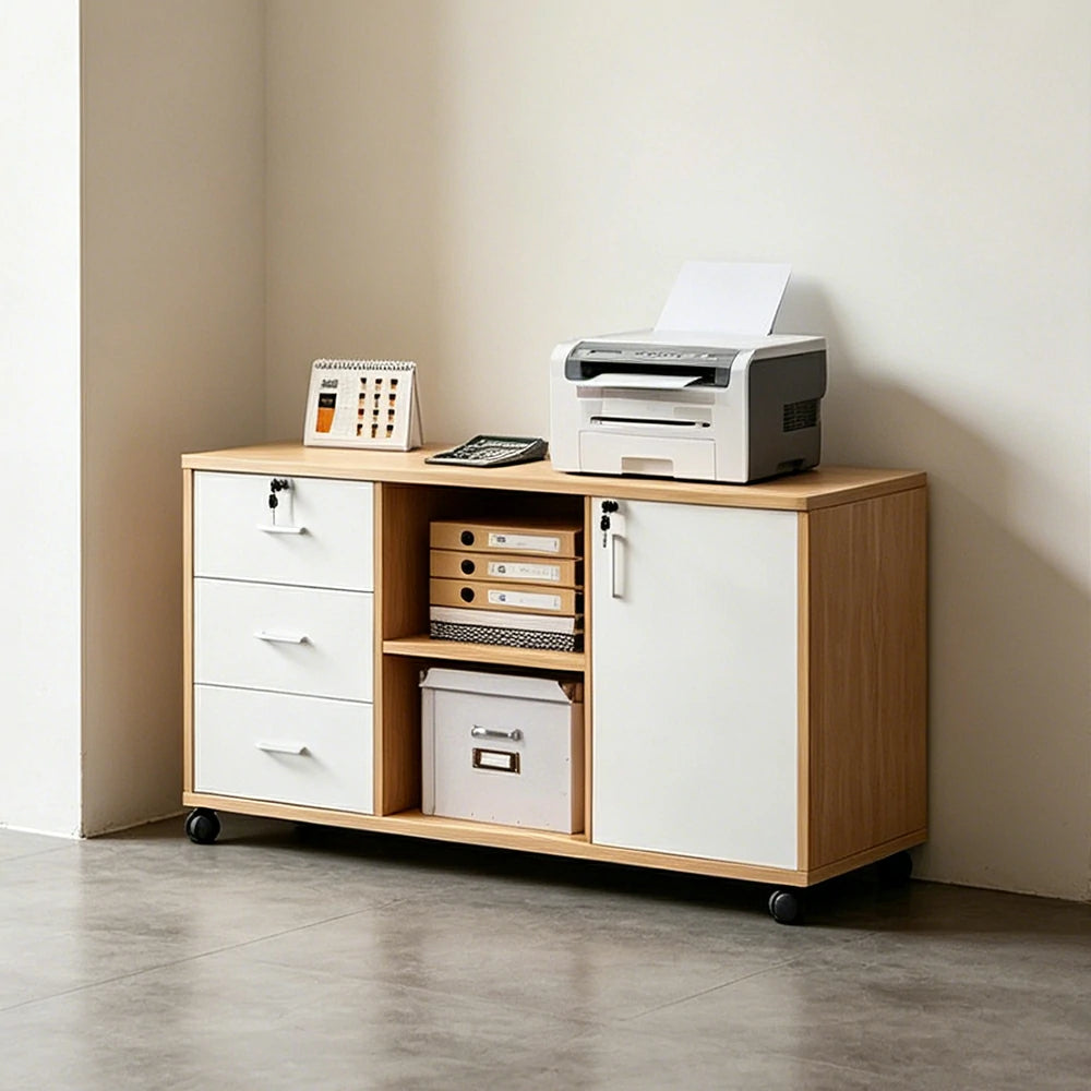 LIVARA Mobile Office Storage Cabinet - 3 Drawers 2 Shelves and Door Printer Stand -  Maple Wood