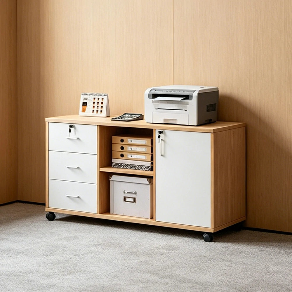LIVARA Mobile Office Storage Cabinet - 3 Drawers 2 Shelves and Door Printer Stand -  Maple Wood