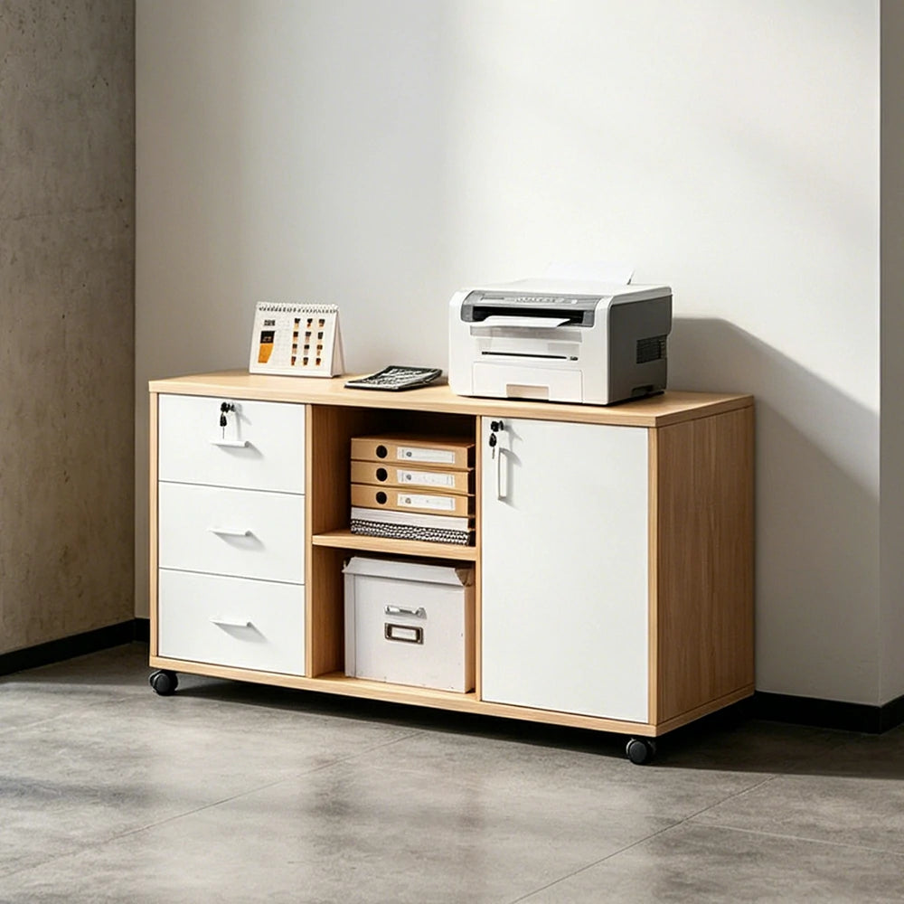 LIVARA Mobile Office Storage Cabinet - 3 Drawers 2 Shelves and Door Printer Stand -  Maple Wood