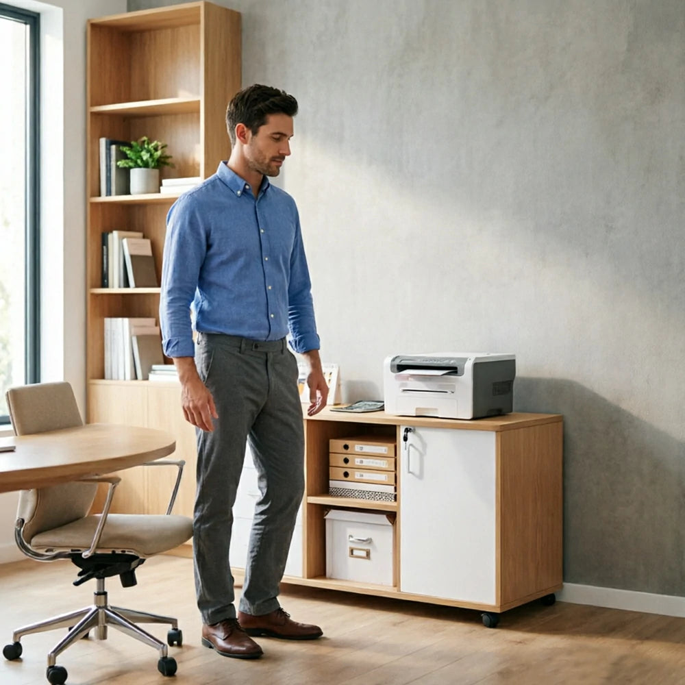 LIVARA Mobile Office Storage Cabinet - 3 Drawers 2 Shelves and Door Printer Stand -  Maple Wood