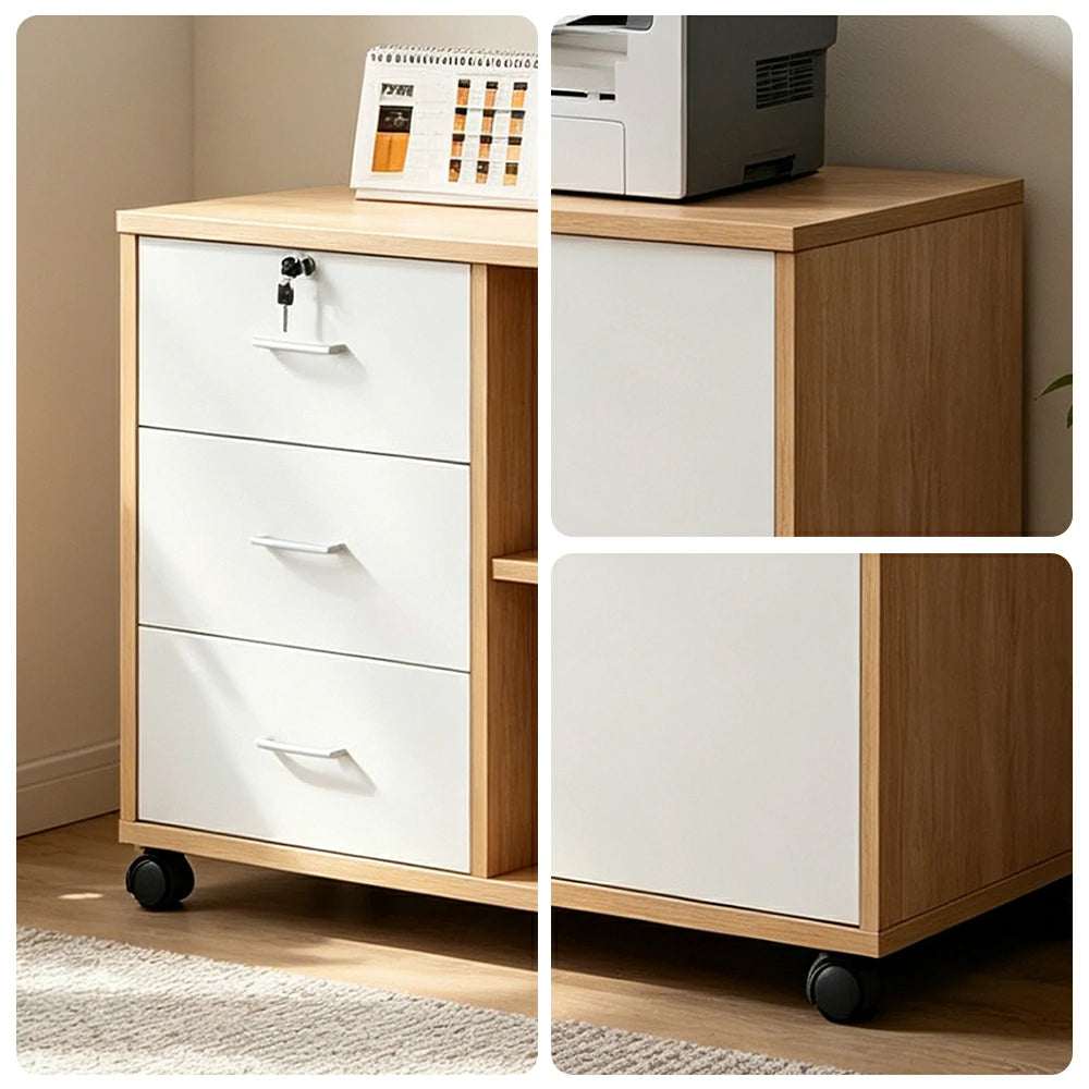 LIVARA Mobile Office Storage Cabinet - 3 Drawers 2 Shelves and Door Printer Stand -  Maple Wood