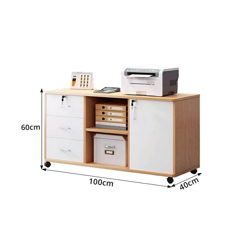 LIVARA Mobile Office Storage Cabinet - 3 Drawers 2 Shelves and Door Printer Stand -  Maple Wood