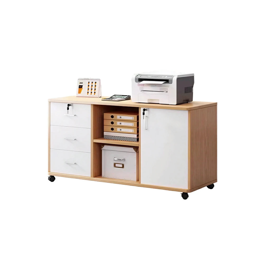 LIVARA Mobile Office Storage Cabinet - 3 Drawers 2 Shelves and Door Printer Stand -  Maple Wood
