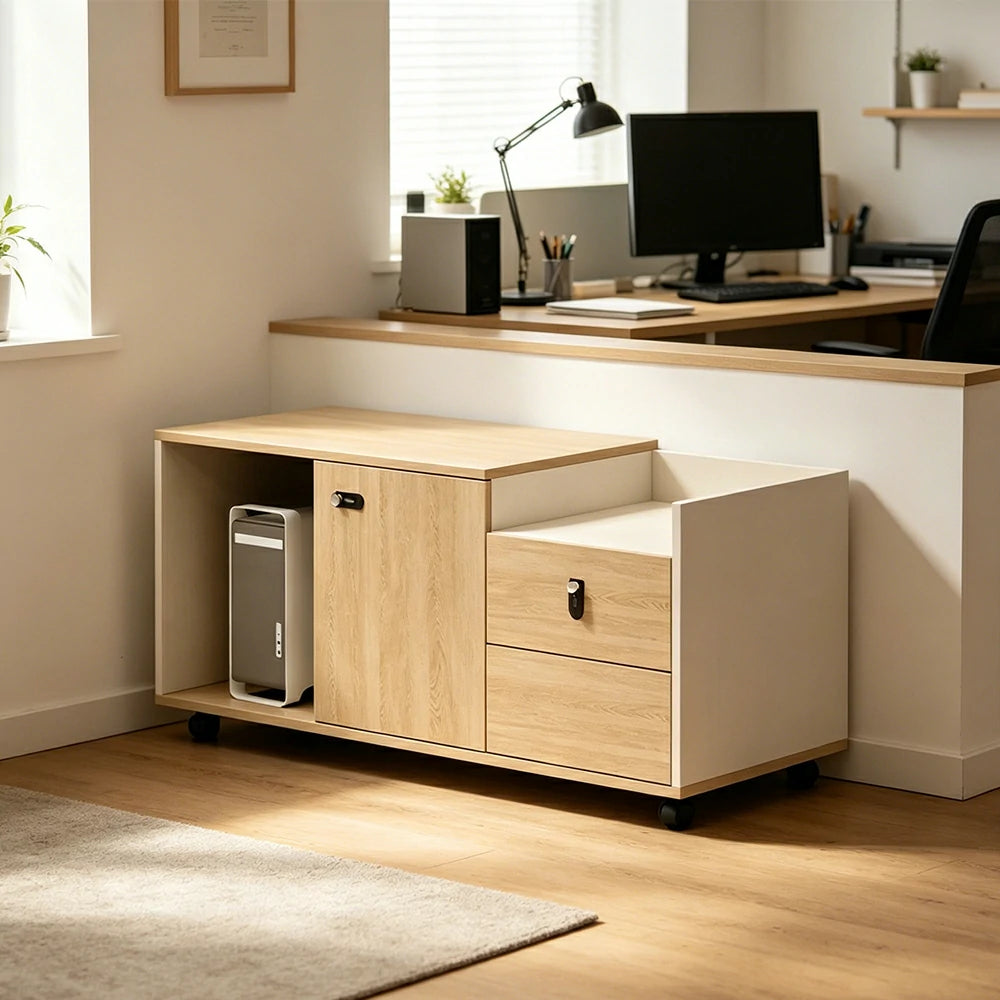 LIVARA Mobile Office Storage Cabinet - Long Printer Stand with Drawers and Door - Natural Wood