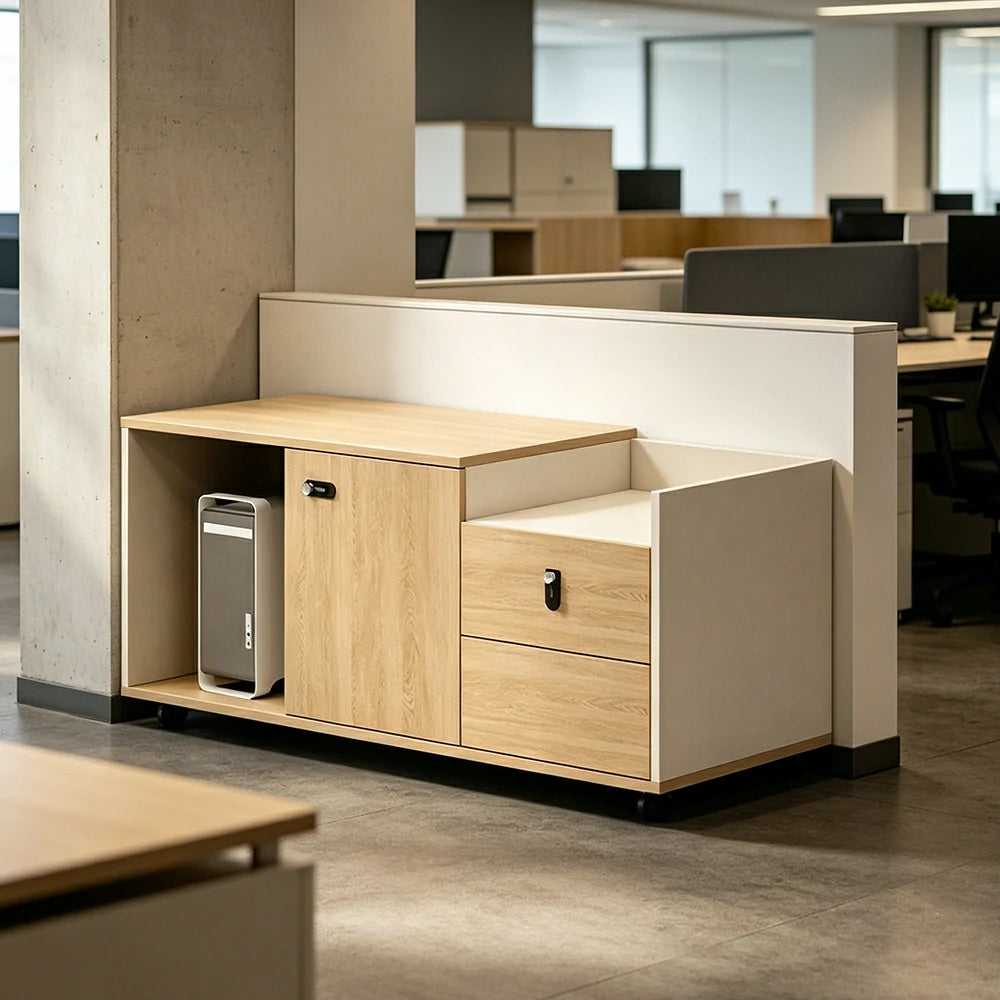 LIVARA Mobile Office Storage Cabinet - Long Printer Stand with Drawers and Door - Natural Wood