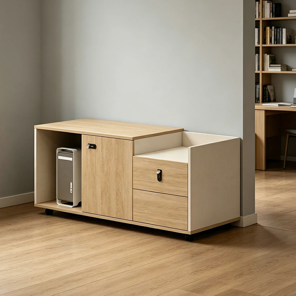 LIVARA Mobile Office Storage Cabinet - Long Printer Stand with Drawers and Door - Natural Wood