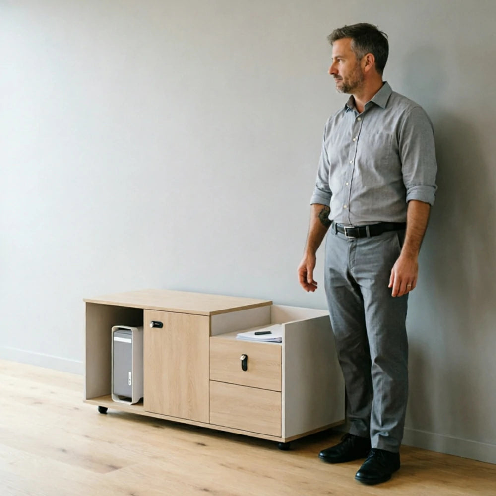 LIVARA Mobile Office Storage Cabinet - Long Printer Stand with Drawers and Door - Natural Wood