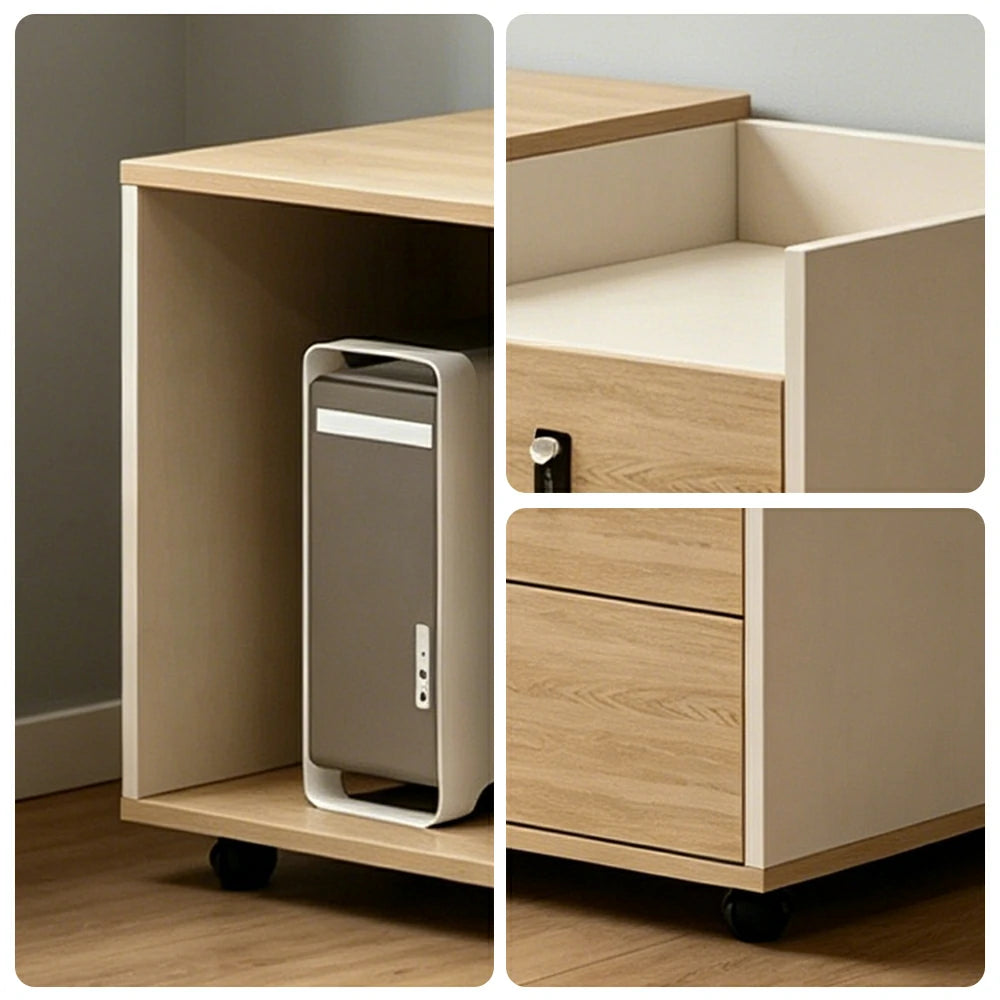 LIVARA Mobile Office Storage Cabinet - Long Printer Stand with Drawers and Door - Natural Wood