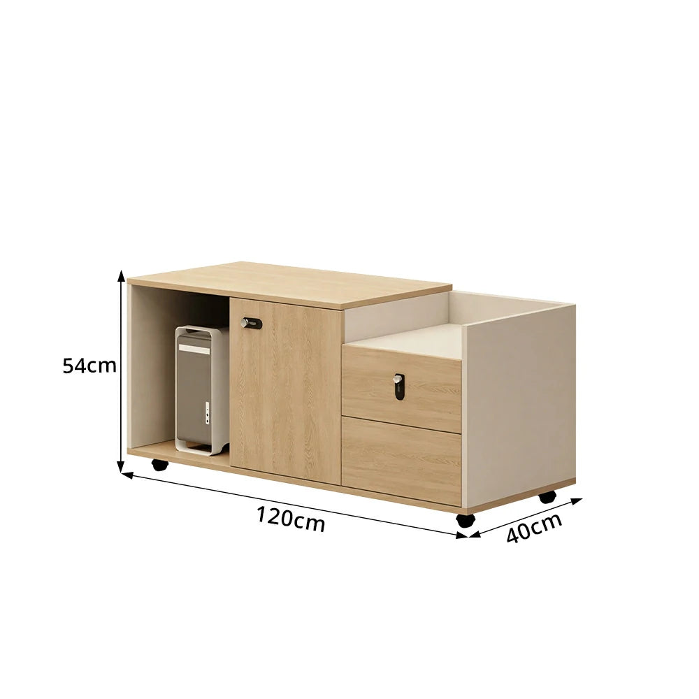 LIVARA Mobile Office Storage Cabinet - Long Printer Stand with Drawers and Door - Natural Wood