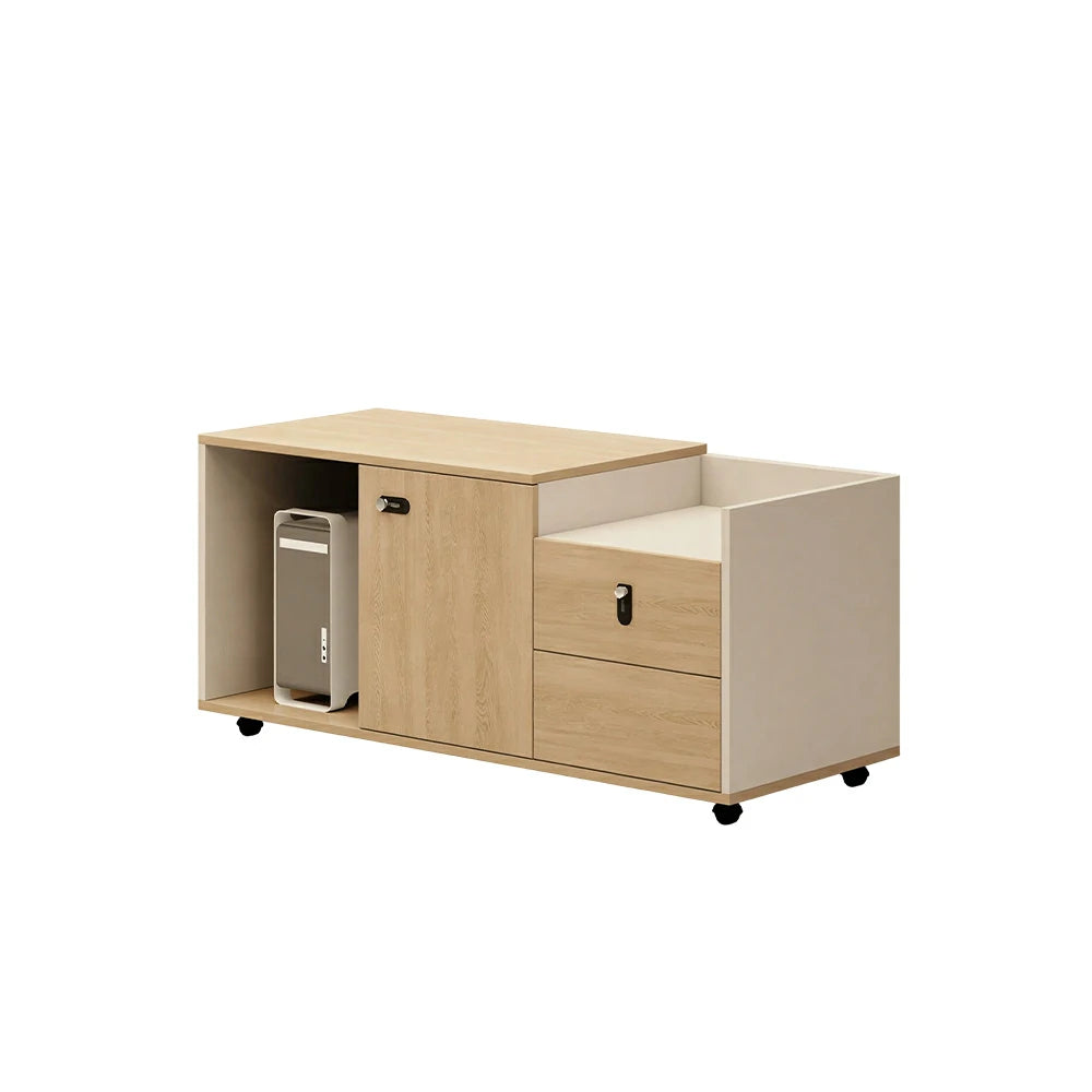 LIVARA Mobile Office Storage Cabinet - Long Printer Stand with Drawers and Door - Natural Wood