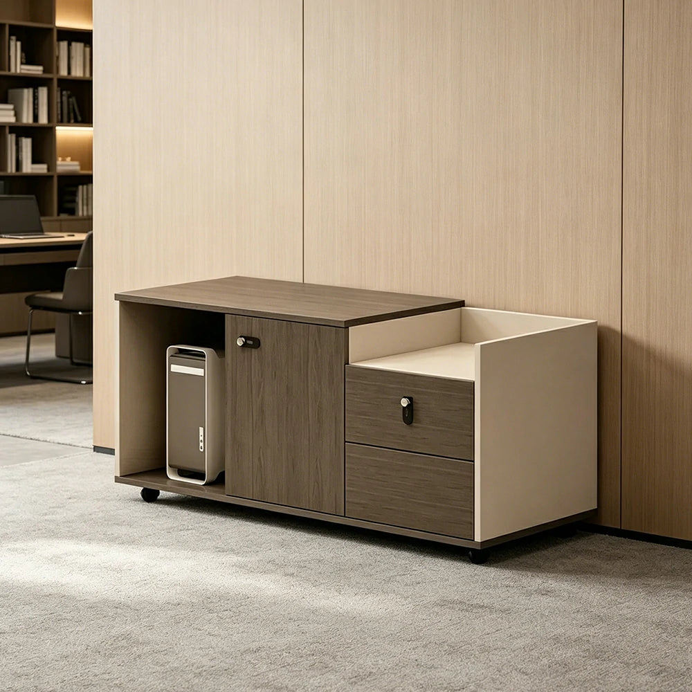LIVARA Mobile Office Storage Cabinet - Long Printer Stand with Drawers and Door - Black Wood Grain