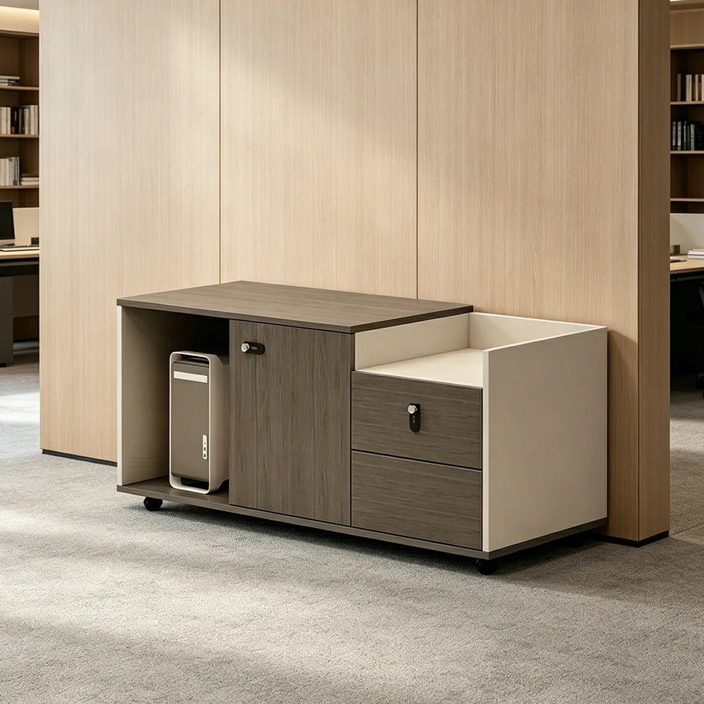 LIVARA Mobile Office Storage Cabinet - Long Printer Stand with Drawers and Door - Black Wood Grain