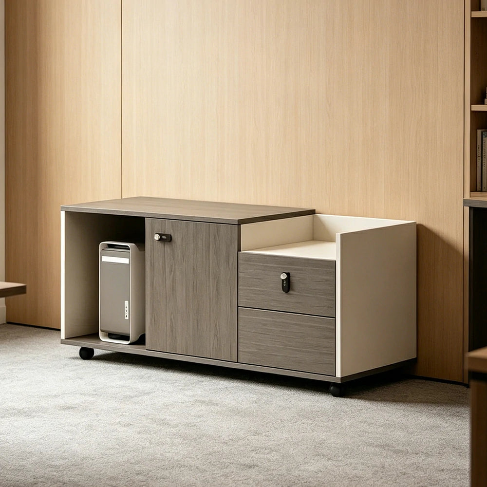 LIVARA Mobile Office Storage Cabinet - Long Printer Stand with Drawers and Door - Black Wood Grain