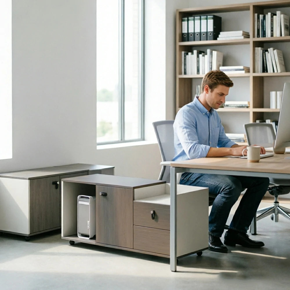 LIVARA Mobile Office Storage Cabinet - Long Printer Stand with Drawers and Door - Black Wood Grain