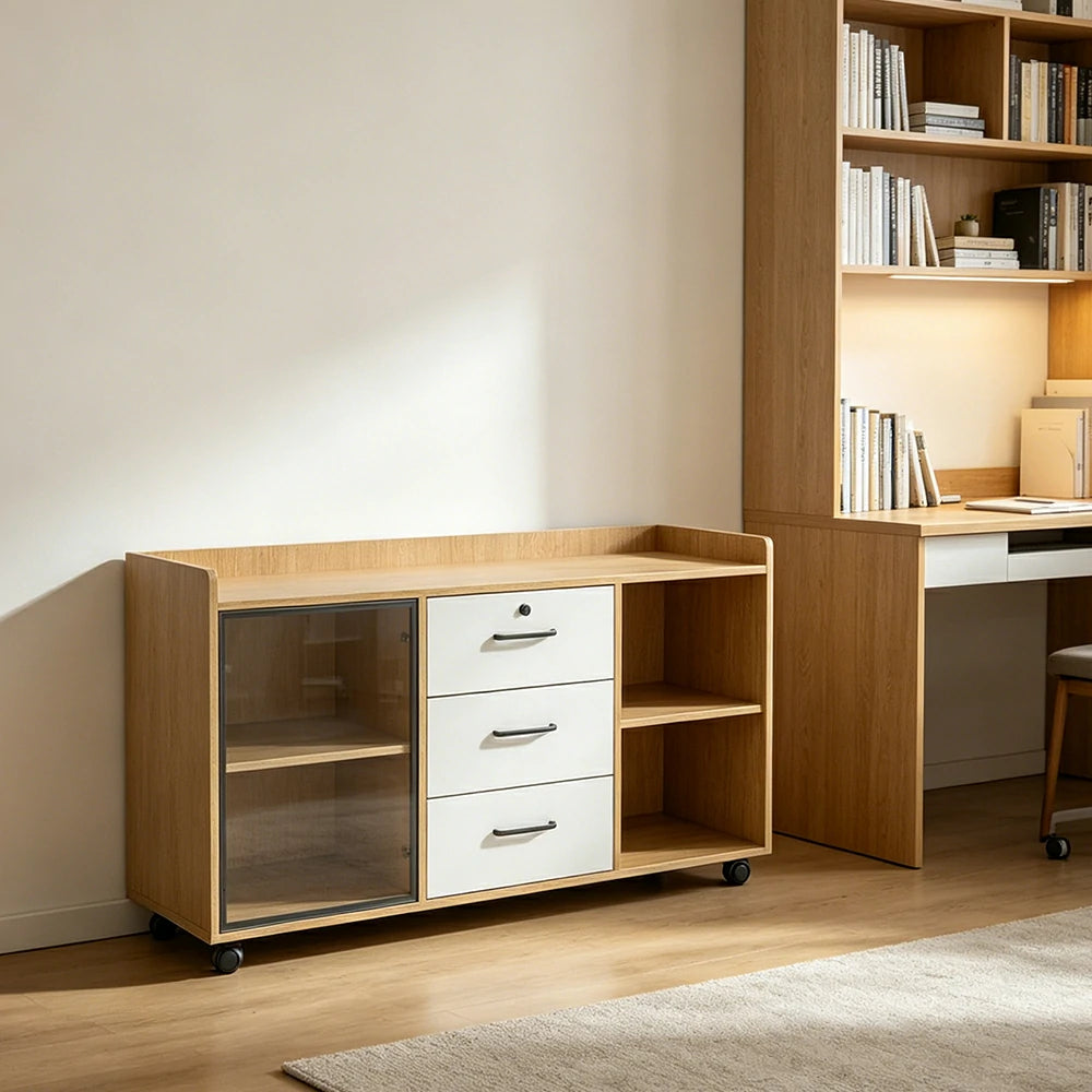 LIVARA Mobile Office Storage Cabinet - 3 Drawers and Open Shelves Printer Stand - Natural Wood