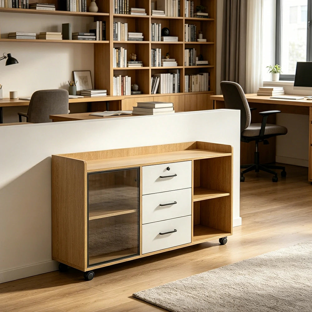 LIVARA Mobile Office Storage Cabinet - 3 Drawers and Open Shelves Printer Stand - Natural Wood
