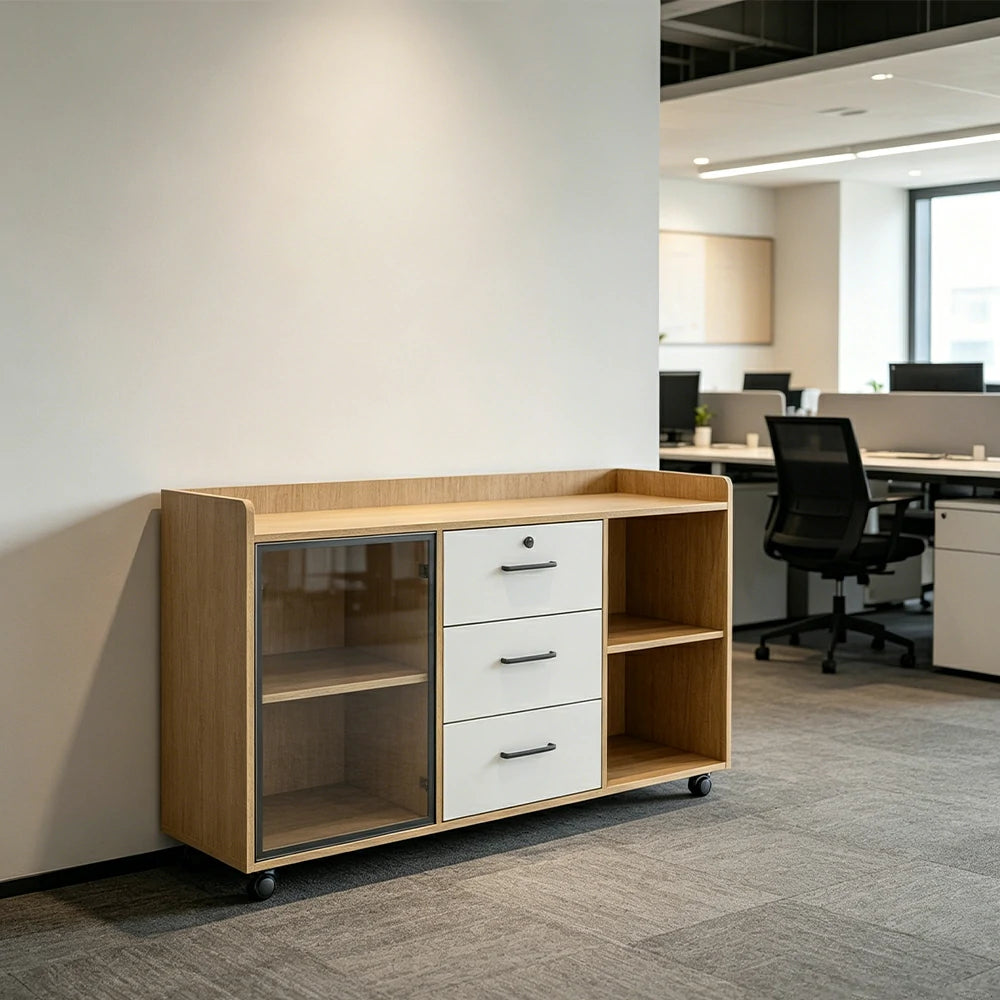 LIVARA Mobile Office Storage Cabinet - 3 Drawers and Open Shelves Printer Stand - Natural Wood