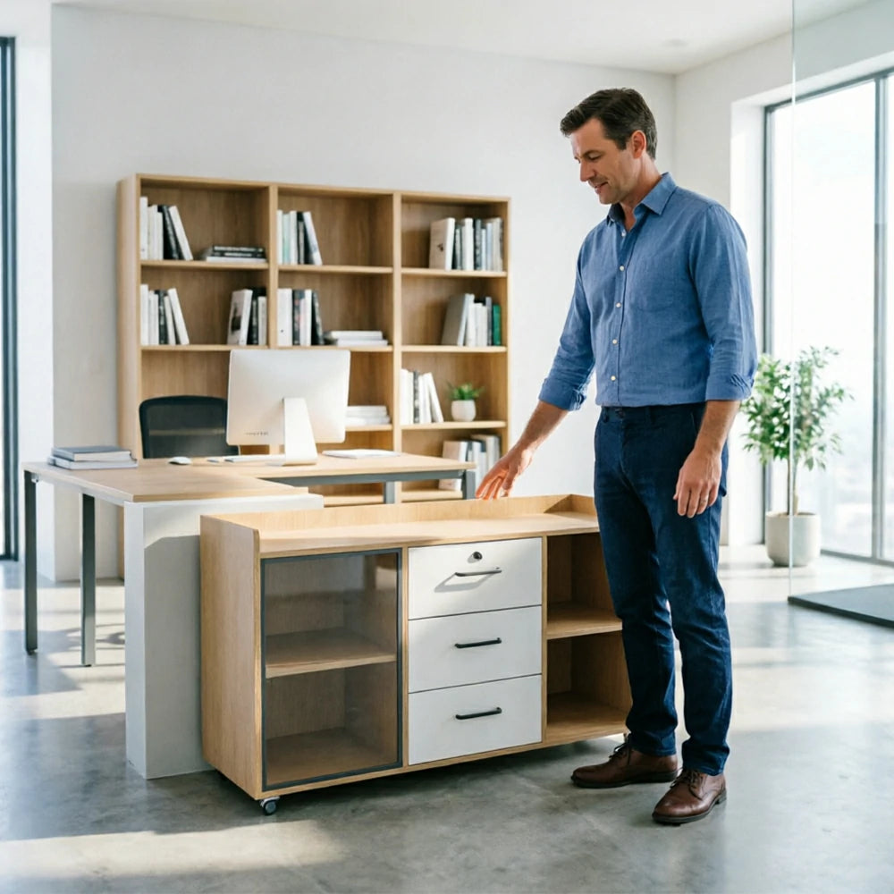 LIVARA Mobile Office Storage Cabinet - 3 Drawers and Open Shelves Printer Stand - Natural Wood