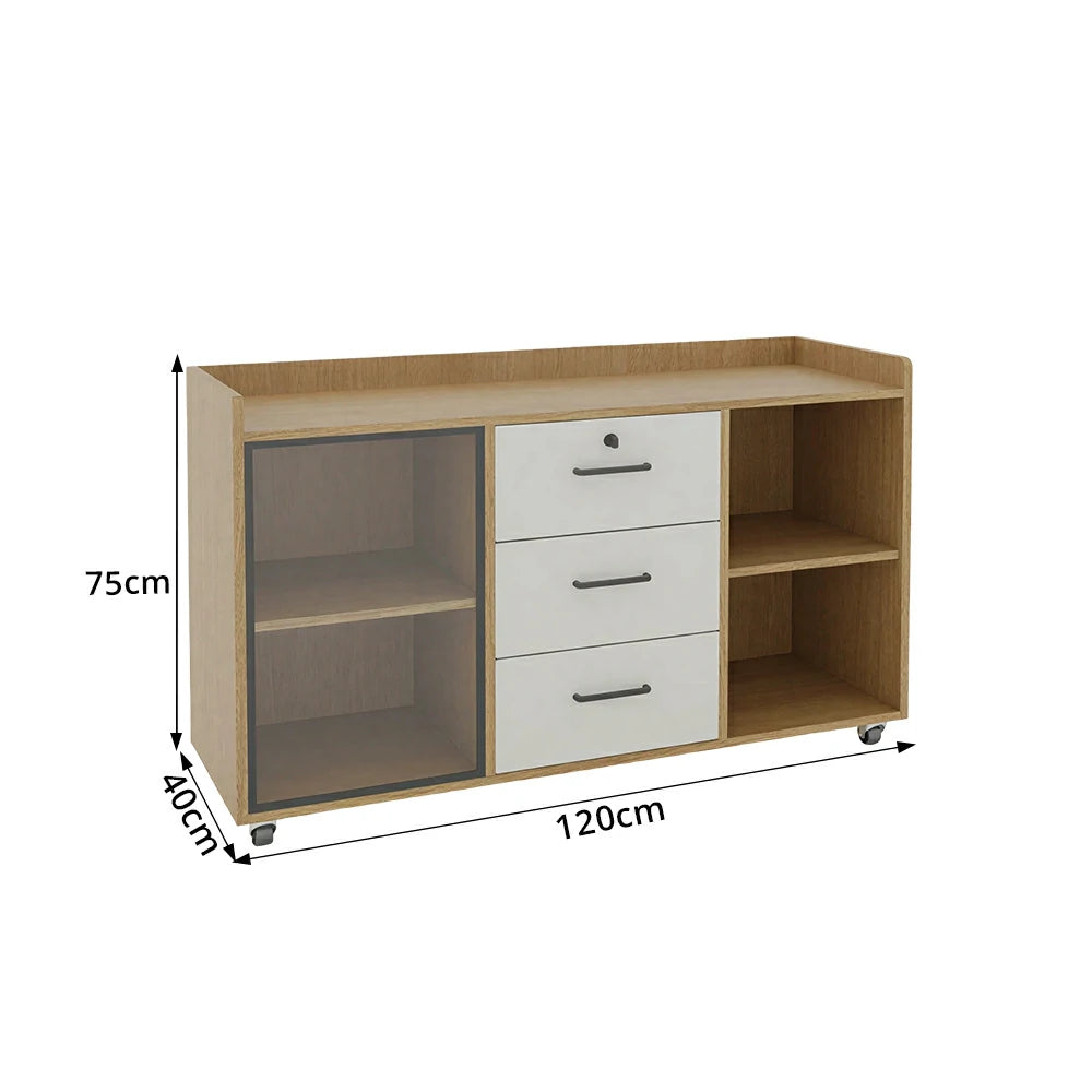 LIVARA Mobile Office Storage Cabinet - 3 Drawers and Open Shelves Printer Stand - Natural Wood