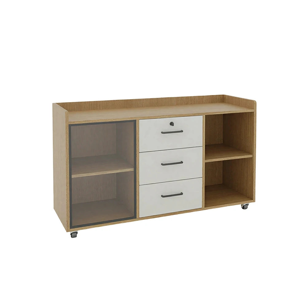 LIVARA Mobile Office Storage Cabinet - 3 Drawers and Open Shelves Printer Stand - Natural Wood