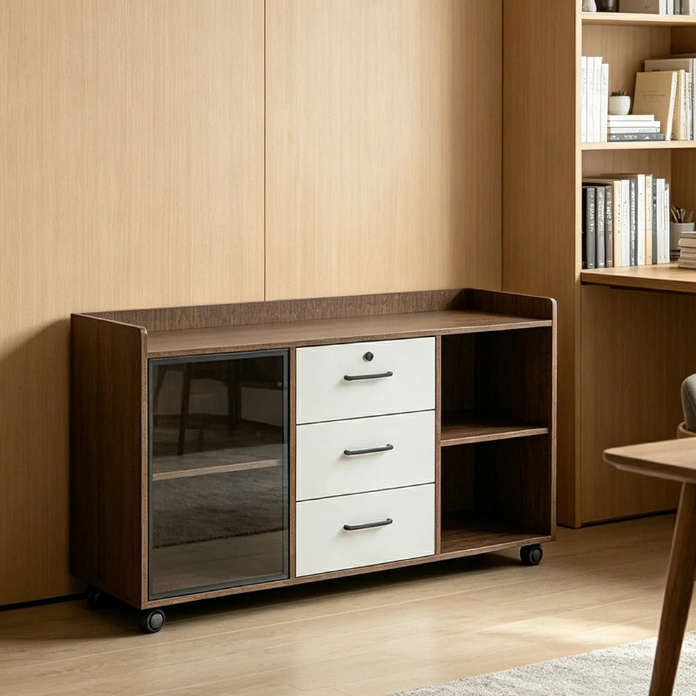 LIVARA Mobile Office Storage Cabinet - 3 Drawers and Open Shelves Printer Stand - Walnut