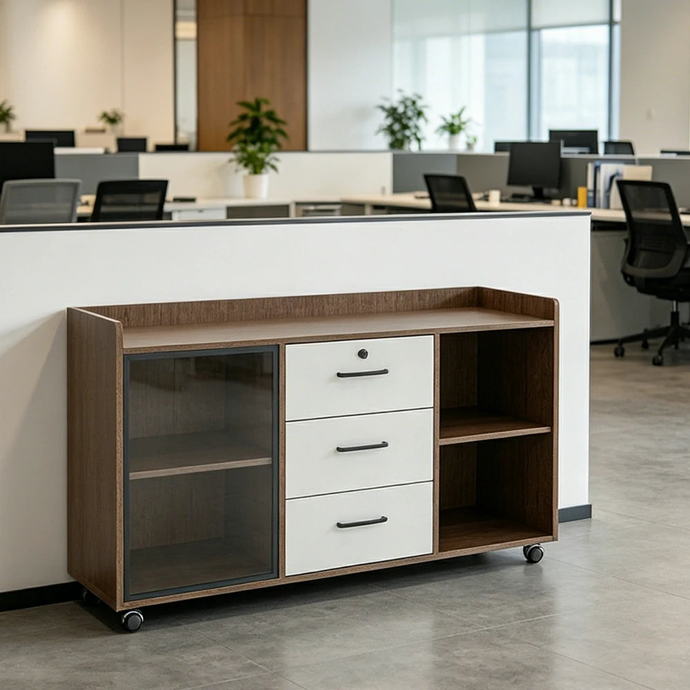 LIVARA Mobile Office Storage Cabinet - 3 Drawers and Open Shelves Printer Stand - Walnut