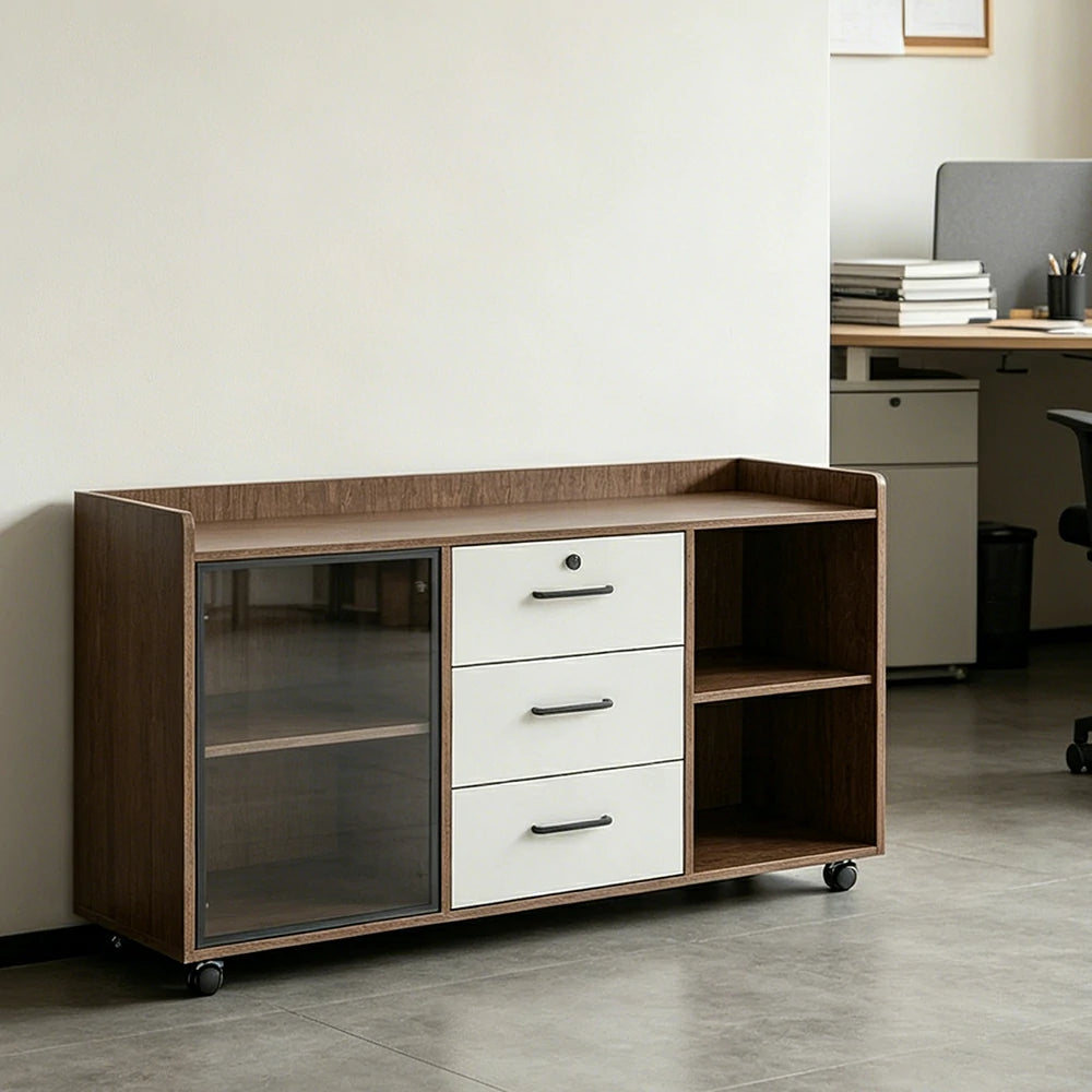 LIVARA Mobile Office Storage Cabinet - 3 Drawers and Open Shelves Printer Stand - Walnut