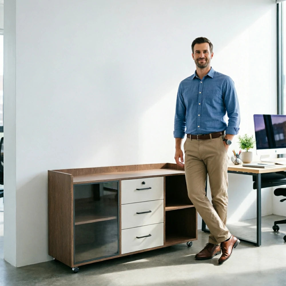LIVARA Mobile Office Storage Cabinet - 3 Drawers and Open Shelves Printer Stand - Walnut