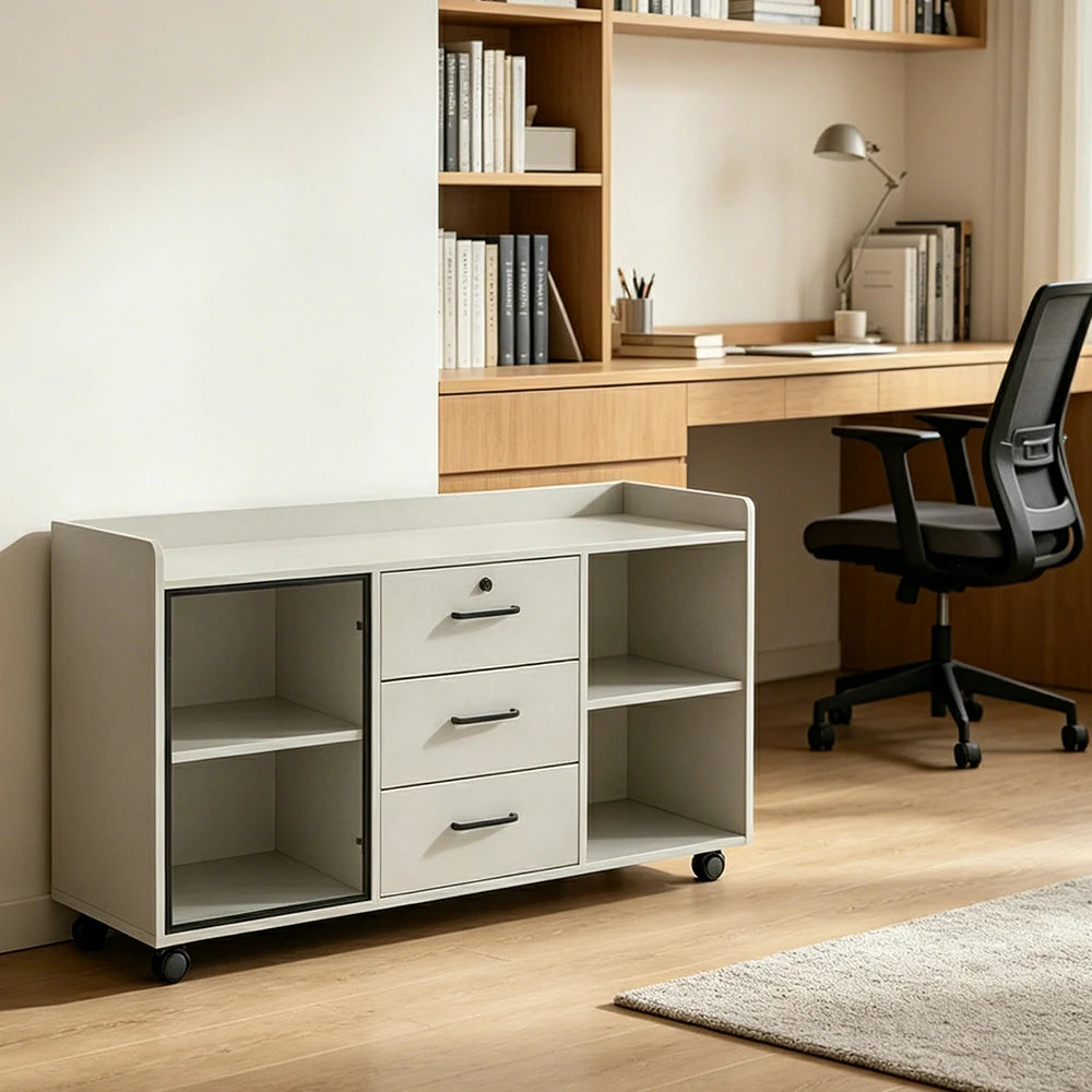 LIVARA Mobile Office Storage Cabinet - 3 Drawers and Open Shelves Printer Stand - White