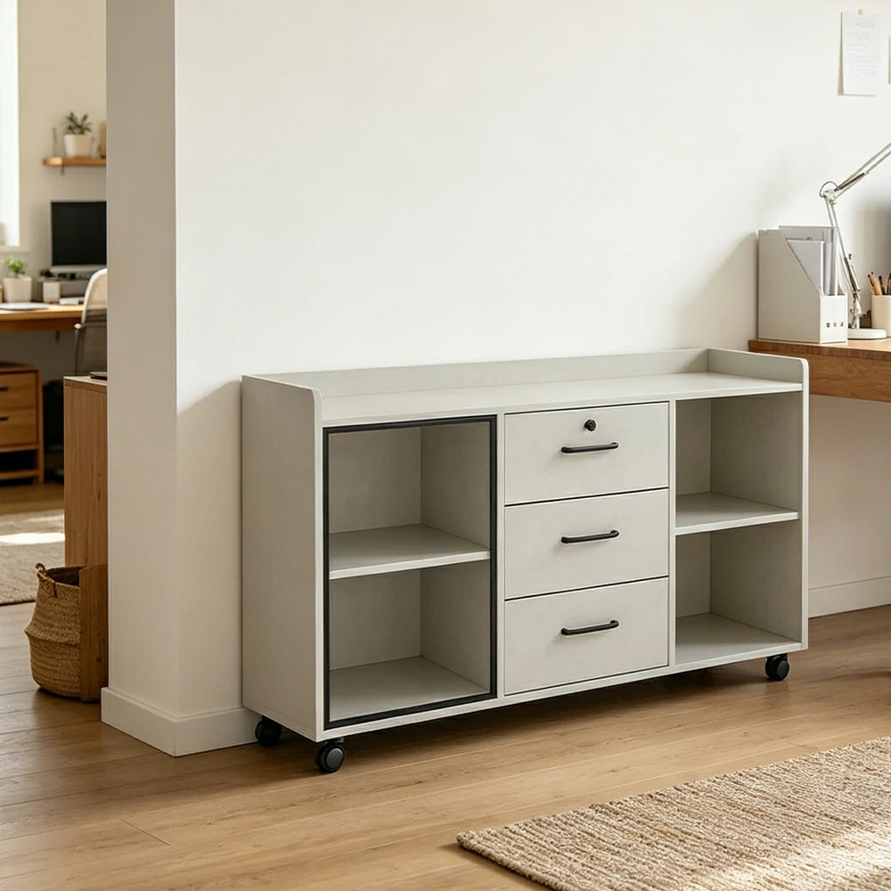 LIVARA Mobile Office Storage Cabinet - 3 Drawers and Open Shelves Printer Stand - White