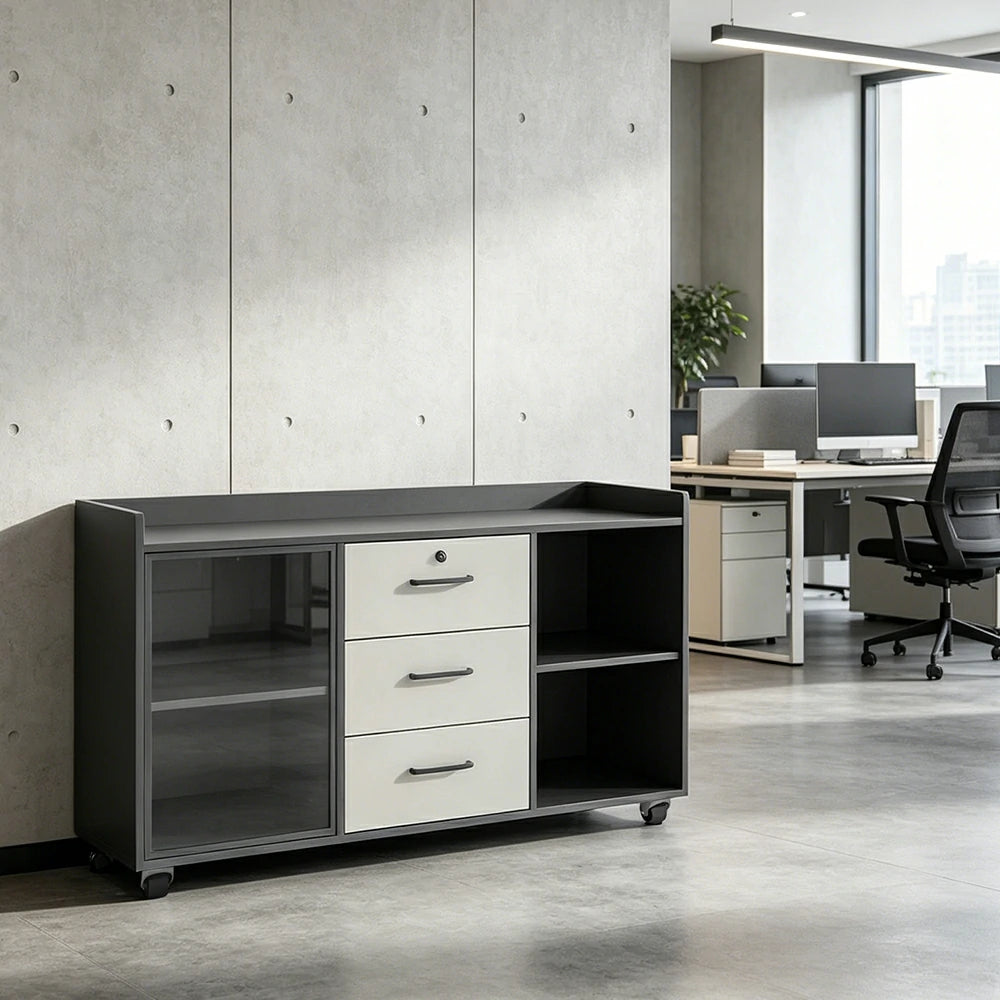 LIVARA Mobile Office Storage Cabinet - 3 Drawers and Open Shelves Printer Stand - Grey White