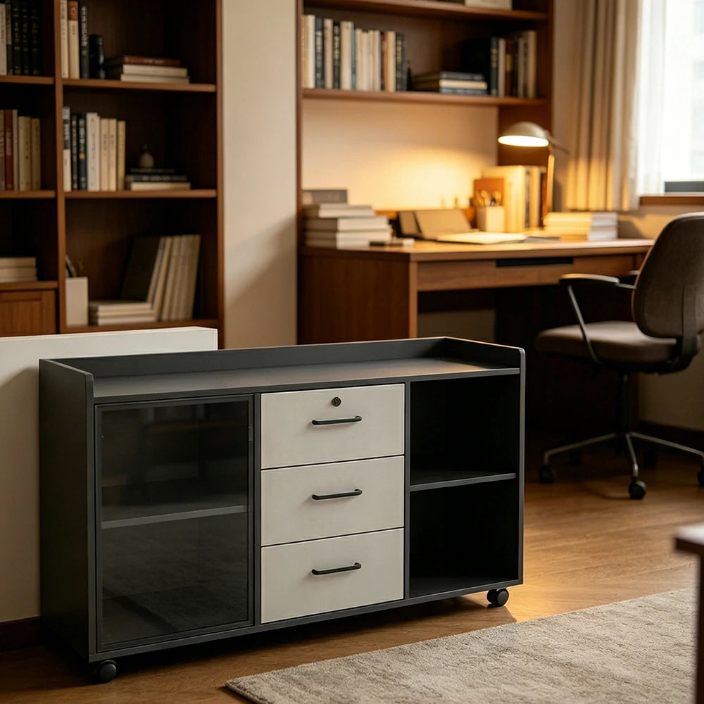 LIVARA Mobile Office Storage Cabinet - 3 Drawers and Open Shelves Printer Stand - Grey White